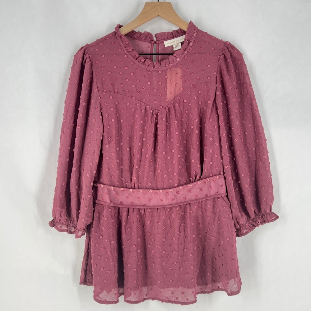 Monteau‎ Purple Sheer Swiss Dot Ruffle Neck 3/4 Sleeve Peplum Blouse NWT XL